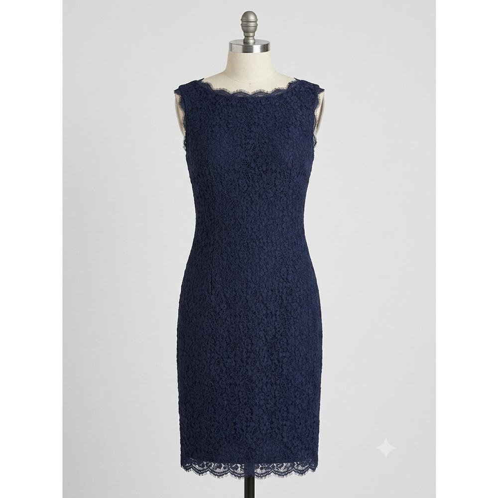 Adrianna Papell Navy Eyelash Lace Sheath Dress with Exposed Back Zipper‎ size 8